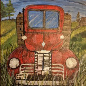 PAINTING on Canvas 10" x 12" Red Farm Truck One-of-a-Kind Original